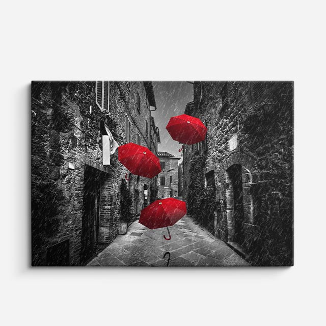 Cuadro canvas Calle Escaleras Paraguas Rojos - Ciudades Urbano y Arquitectura - Vista Frente