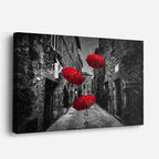 Cuadro canvas Calle Escaleras Paraguas Rojos - Ciudades Urbano y Arquitectura - Vista Perspectiva