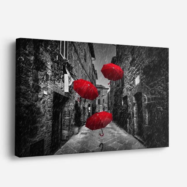 Cuadro canvas Calle Escaleras Paraguas Rojos - Ciudades Urbano y Arquitectura - Vista Perspectiva