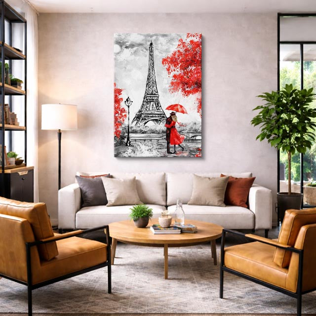 Cuadro canvas Paris Eiffel Pareja Rojo Pintura - Ciudades Urbano y Arquitectura - Vista Lifestyle