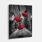 Cuadro canvas Calle Paraguas Rojos Volando - Ciudades Urbano y Arquitectura - Vista Perspectiva