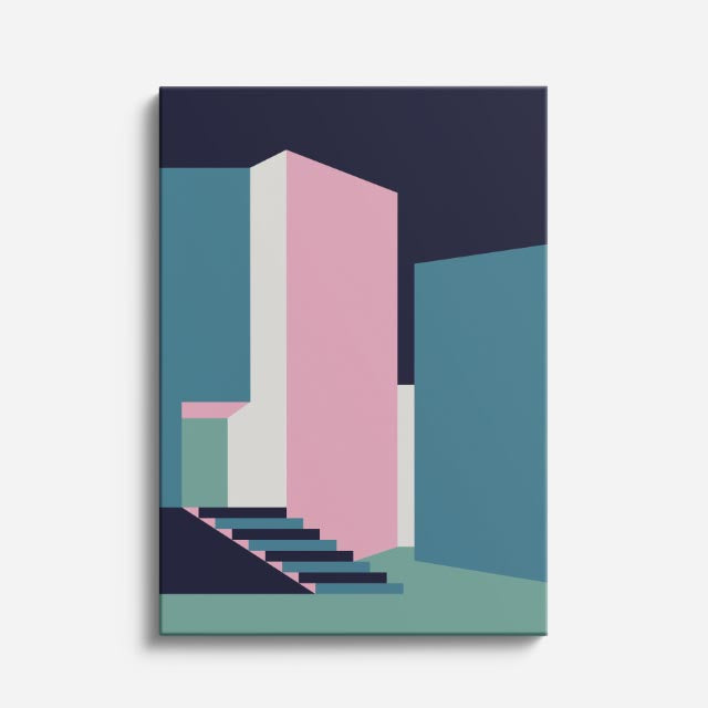 Cuadro canvas Escalera Teal y Rosa - Ilustraciones Arquitectonicas Urbano y Arquitectura - Vista Frente