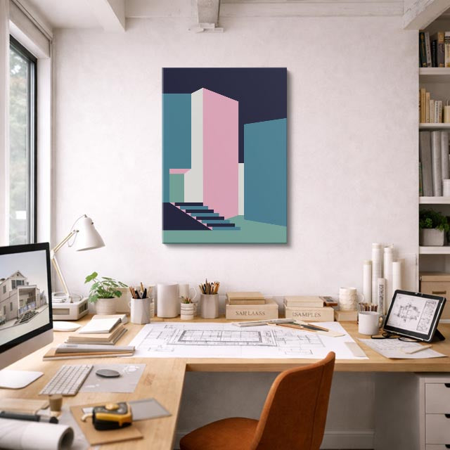 Cuadro canvas Escalera Teal y Rosa - Ilustraciones Arquitectonicas Urbano y Arquitectura - Vista Lifestyle