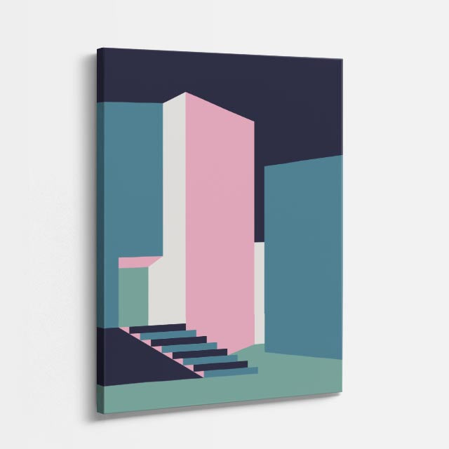 Cuadro canvas Escalera Teal y Rosa - Ilustraciones Arquitectonicas Urbano y Arquitectura - Vista Perspectiva